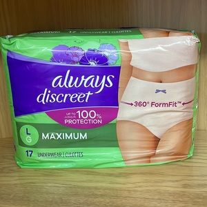 Always Discreet Underwear. Large. Maximum protection. Qty 17 Unopened